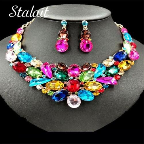 Multi Color Crystal Geometric Pendant Necklace Earrings Full Rhinestone Gold Color Jewelry Set Wedding Party Engagement Gifts