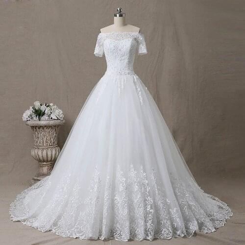 SL-5T Boat Neck Wedding Gowns Short Sleeve Muslin Boho Luxury Lace Embroidery Wedding Dress 2019
