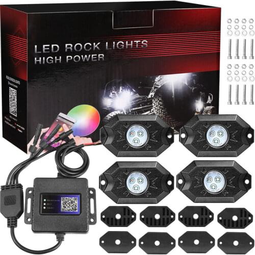 4 Pods LED Wireless Bluetooth RGB Rock Lights Chasing Multi-Color Offroad Truck ATV SUV LED Light Kit for Music Mode