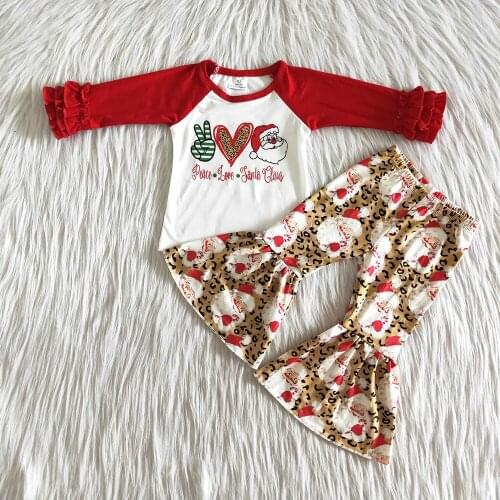 High quality fashion kids winter outfit baby girls red icing ruffle top and bell pants set girls Christmas outfit