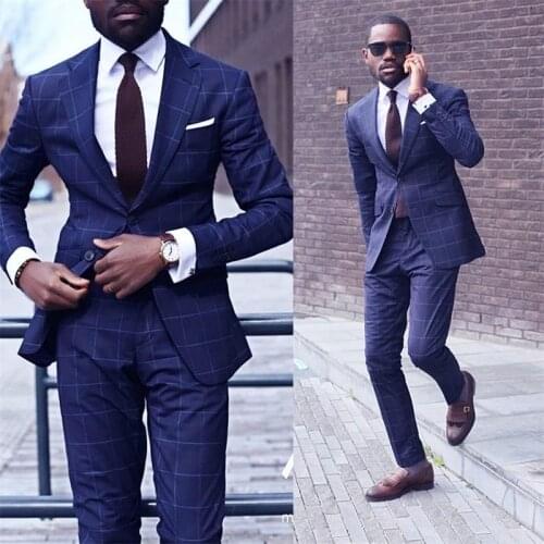 YIWUMENSA 2-Pieces Blue Cotton Plaid Men Suits Formal Business Peaked Lapel Blazers Custom Made Slim Fit Jacket With Pants 2021