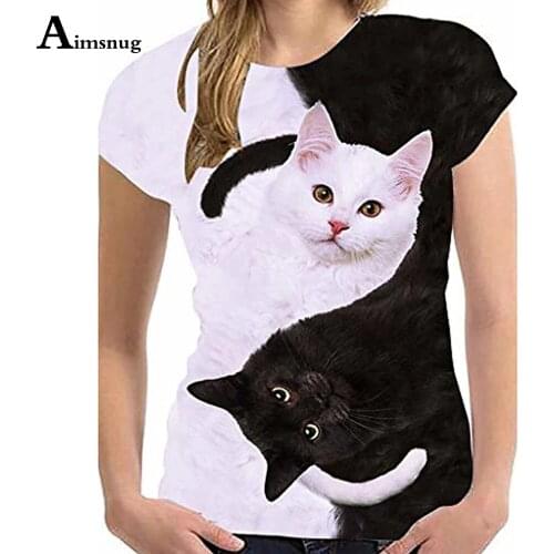 Ladies Elegant Leisure Casual T-shirt Model Cat Print Top Pullovers O-neck Skinny Women Clothing 2021 Summer Tees shirt Femme