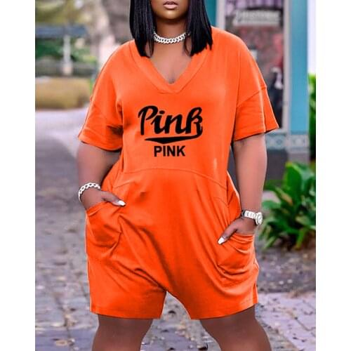 S-3XL Women Short Sleeve Wide Loose Jumpsuit Summer Casual V-neck Pocket Design Letter Print Short Sleeve Romper