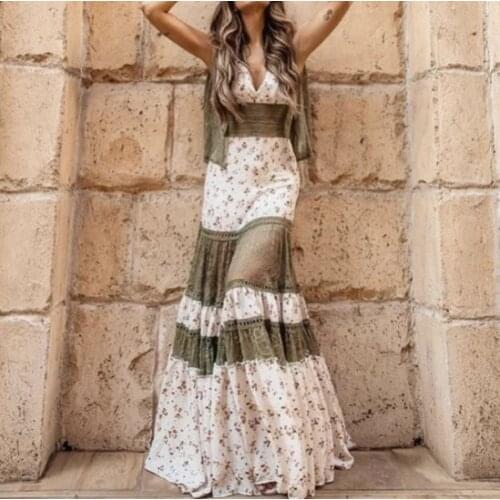 Lady Summer Bohemian Dress Pretty Floral Printed Dress Women Dress Floor-Length Pleated Chiffon Dresses Elegant Suspender Dress