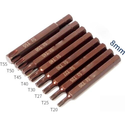 7pcs/lot 80mm Long Magnetic 5/16' 8mm Hex Multi-purpose Heavy Duty Impact Torx Screwdriver Bits Star T20 T25 T27 T30 T40 T45 T50