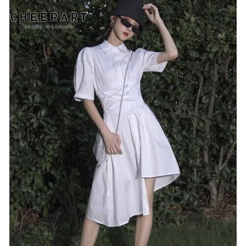 CHEERART 2020 Fashion Asymmetrical Dress Women Puff Sleeve Buttton Up Collar Tunic Shirt Dress Short Sleeve White Black Clothing
