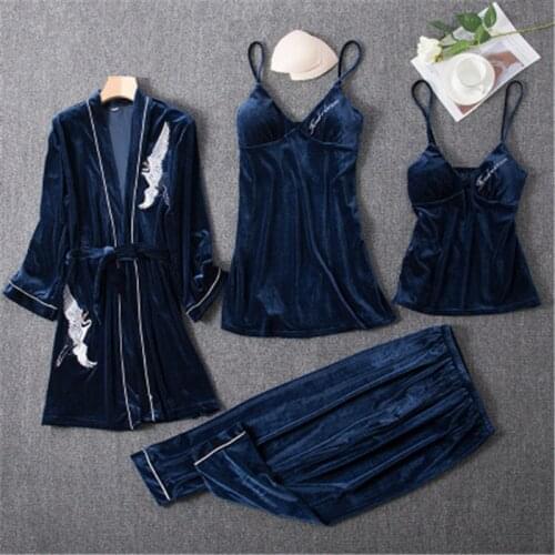 Daeyard Autumn Winter 4 Pieces Velvet Pajamas Set Embroidery Robe Sling Suit Women Elegant Pyjamas Sleepwear Casual Home Clothes