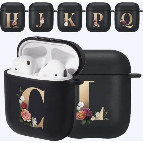 For Apple Airpods 1st/2nd Gen Cute Floral Gold Initial Letter Pattern Black Silicone Wireless Bluetooth Earphone Box Cover Cases