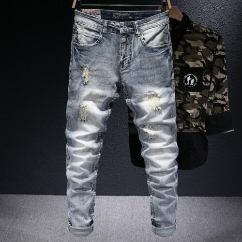 European Street Fashion Men Jeans Retro Light Blue Elastic Slim Ripped Jeans Men Embroidery Designer Hip Hop Denim Pencil Pants