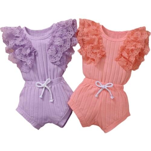 Summer Two Piece Baby Girl’s Clothes Fresh Lace Stitching Fly Sleeve Romper and Solid Color Triangle Shorts