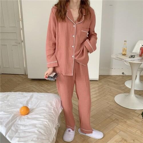 5 color simple solid 100% cotton gauze pajama set women long sleeve autumn cardigan homewear 2 pcs sleepwear pants trousers Y952