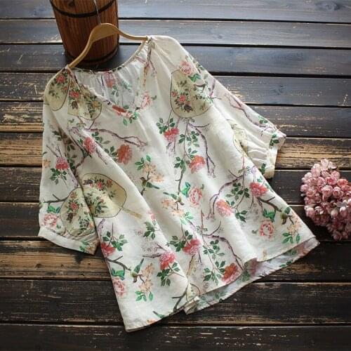 Summer New Style Womens Blouse Literary Shirt Loose Short-sleeved V-neck Printed Pullover Shirt Women Shirts Blouses Tops