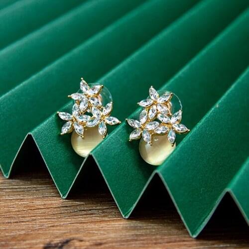 Trendy Yellow Opal Stone Stud Earrings Shiny Rhinestone Gold Crystal Flower Piercing Earring For Women Bridal Christmas Gift