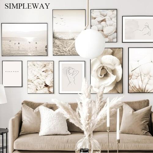 Sunset Beach Flower Wall Art Print Nordic Abstract Line Drawing Canvas Painting Landscape Poster Beige Picture Home Decoration