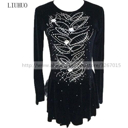 Figure Skating Dress Womens Girls' Ice Skating Dress Black velvet fabric Long sleeve Ballet Black Competition Kids