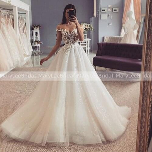 Sheer Cap Sleeves Wedding Dress With Shiny Sequins Tulle Nude Scoop Neck Appliques Ball Gown Bridal Dresses Vestidos Formales