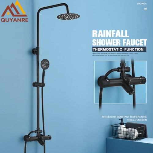 Quyanre Matte Black Shower Faucets Bathtub Thermostatic Hot Cold Water Mixer Tap Faucet Black Bathtub Shower System Kit Shower