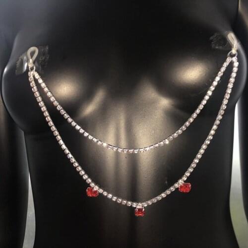Sexy Lingerie Nipple Chain Double Layer Red Rhinestone Body Chain Porn BDSM Bondage Ladies Sex Accessories