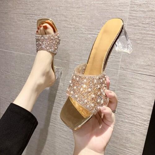 XIXIYIPIN Fashion Transparent PVC Bling Crystal Bow Sexy Modern Slippers Women Sandals High Heels Summer Ladies Shoes Peep Toe