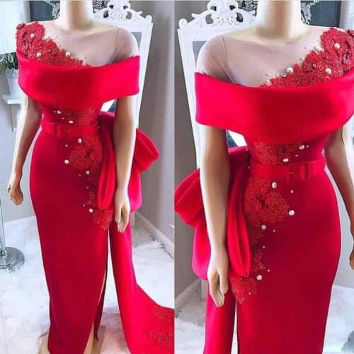 Saudi Arabic Red Evening Formal Dresses Sheer Neck Bow Sash Lace Applique Pearl Sheath Satin Side Split African Prom Party Dress