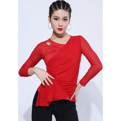 Ballroom Dance Blouse Female Adult Large Size Sexy Mesh Long Sleeve Latin Dance Tops Women Samba Tango Practice Clothing DL5501
