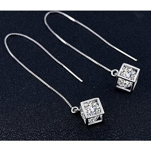 Utimtree Trendy Square Shape Long Tassel Earrings for Women Pendientes Fashion 925 Silver Drop Earring Statement Brincos Bijoux