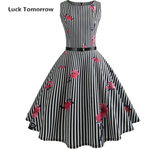 Black and White Stripes Rose Print Big Swing Party Midi Dresses Robe Femme Summer Women 50s 60s Audrey Hepburn Rockabilly Dress