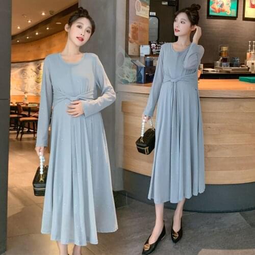9023# Maternity Dress Spring Autumn Gauze Patchwork Loose Mid-Long Dress for Pregnant Women Mom Dress