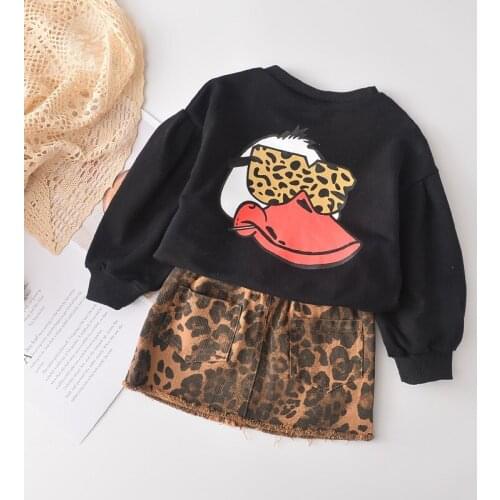 Baby Girl Cartoon Clothes Set Fall Girls Cute Duck Print T-shirt With Leopard Hip Skirt 2Pcs Suit Children Fashion Costumes 3-7Y