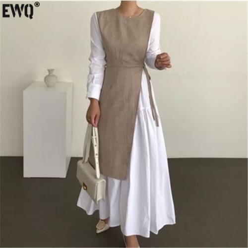 [EWQ]Women Clothing Loose Fashionable Female Outfit French Style Patchwork Autumn Maxi Dress Ladies Solid Long Sleeve Khaki W052