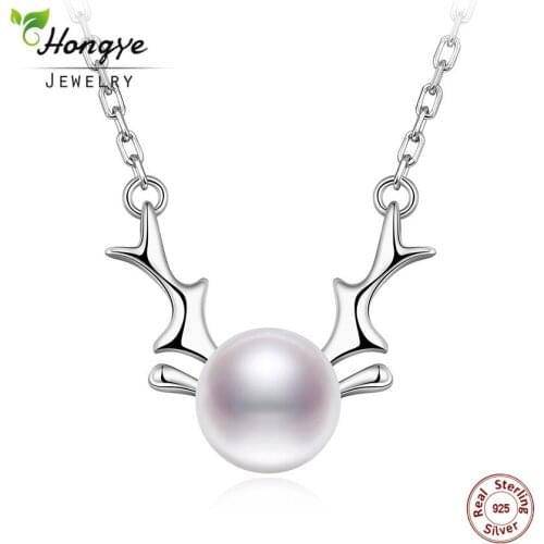 Hongye 100% Silver 925 Jewelry Sterling Silver Necklace for Women Deer Horn and Pearl Pendant Necklace Come With Chain