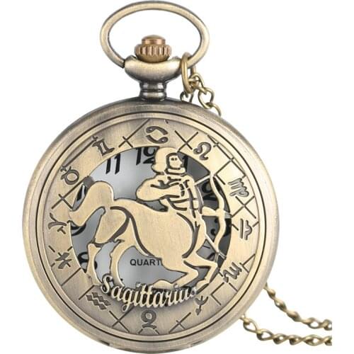 Wholesale Sagittarius Quartz Pocket Watch Twelve Constellations Bronze Men Women Fob Watches Half Hunter Chain Clock Gift