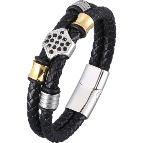 Trendy Black Double Braided Leather Bracelets Men Spades Skull Wristband Stainless Steel Male Bangles Punk Jewelry Gift PD0938