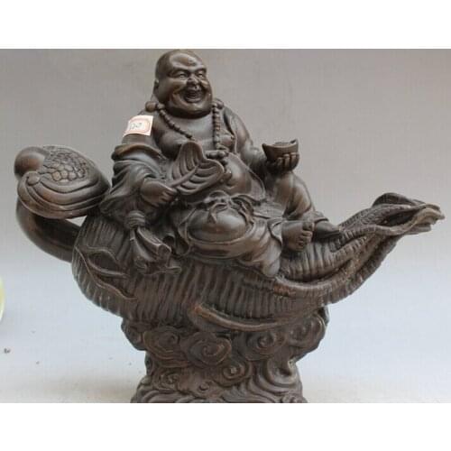 Song voge gem S1682 13" Old Chinese Bronze Wealth ginseng Panax Happy Laugh Maitreya Buddha Statue