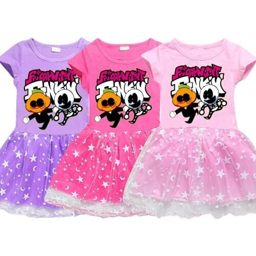 Friday Night Funkin Girls Vestidos Cotton Striped Dress Teenage Girls Summer Rainbow Dresses Elegant Kids Party Wearing Dress