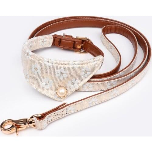 Adjustable PU Material Dog Collar Leash Set Fashion Flower Pattern Scarf Style Lace Cloth For Medium Small Dogs Leash 3 Colors