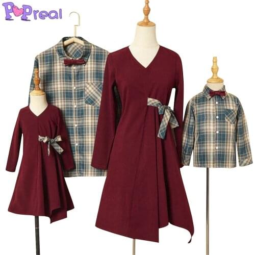 PopReal Parent-Child Outfit A-Line Skirt Mother Daughter Shirt Dress Plaid Print Father And Son Shirt Family Clothing Set Bow