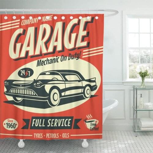 Vintage Retro Car Service Sign Classic Garage Race Auto Shower Curtain Waterproof Fabric 60 x 72 Inches Set with Hooks