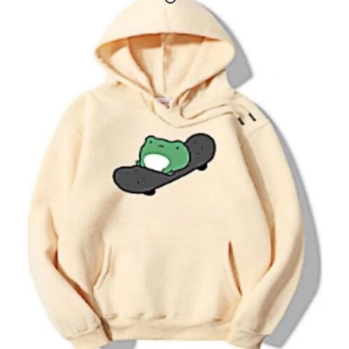 Skateboard Frog Pattern Pockets Pullover Hoodie Autumn Winter Long Sleeve Hooded Women Sweatshirt Streetwear moletom feminino