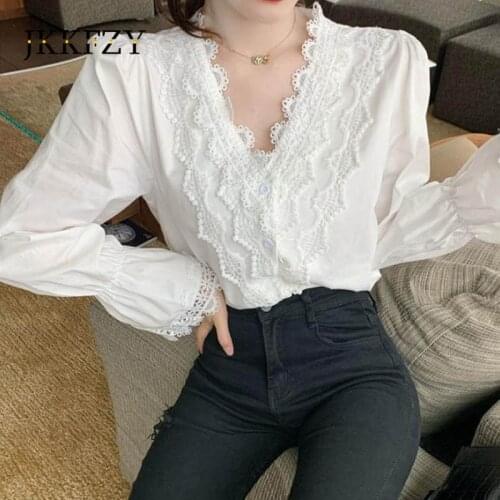 Spring Loose Long Sleeve V-neck England Style Shirt Woman Lace Stitching Top Tide Elegant White Party Blouse Femmes Chemise