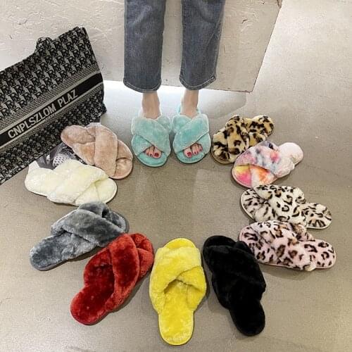 Many Style Winter Women House Slippers Cross Leopard and Solid Warm Shoes For Female Faux Fur Furry Slippers Indoor 2021 Hotsale
