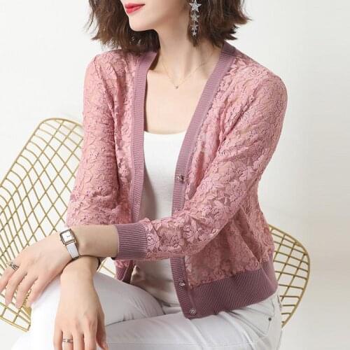 Women 2020 Summer Long Sleeve Lace Cardigan Female Casual Slim Hollow Out Lace Crochet Short Tops Knitted Cardigans Coat G244