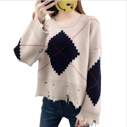 Fashion Streetwear Holes2018Autumn Winter Women Sweater Pullovers Female Long Sleeve Geometeric Loose Knitted O-Neck SweaterQ779