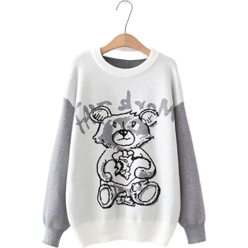 Women Cartoon Bear Embroidery Knitted Jumper 2020 Winter Sweet Girl Long Sleeve Pullover O-Neck Loose Knit Sweaters 2010983