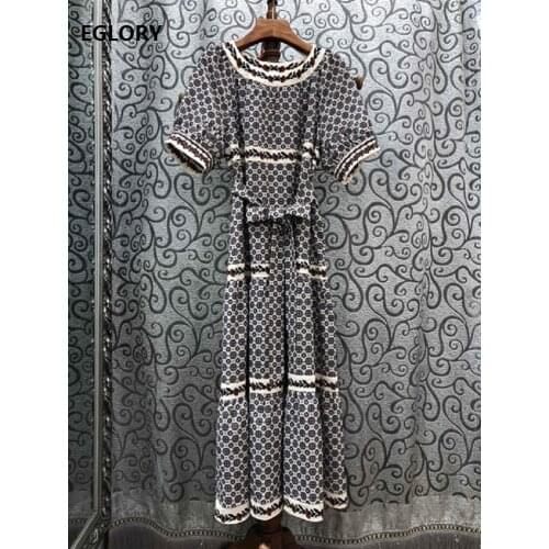 Vintage Long Dress 2020 Summer High Quality Cotton Women O-Neck Exquisite Print Belt Deco Short Sleeve Chic Long Maxi Dress