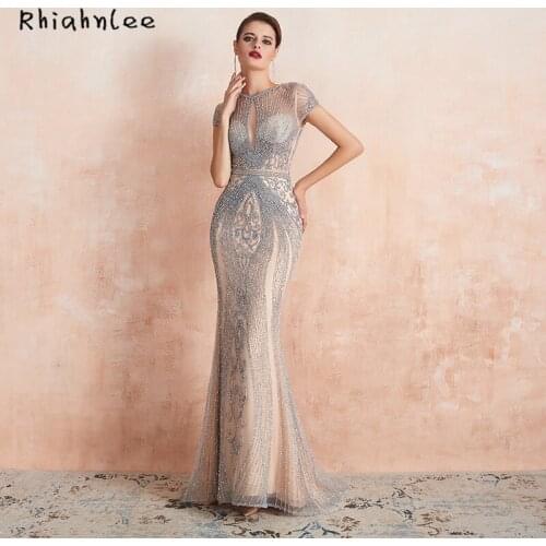 Luxury Jewel Neckline Evening Dresses Beading Illusion robe de soiree Sweep Train Arabic Dresses Evening Wear