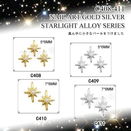 10pcs /lot 3D Nail Art Deco gold silver Star light Shape with pearl Alloy Glitter