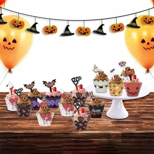 16pcs Halloween Cupcake Cups With 16pcs Plug-in Horror Ghost Pumpkin Cake Lining Packaging Cupcake Box Halloween Decoration