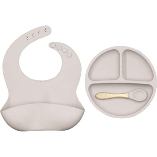 3 Pcs/Set Baby Training Feeding Food Bowl Spoon Bibs Set Anti Slip Silicone Suction Divided Plate Tray Utensil BPA-Free