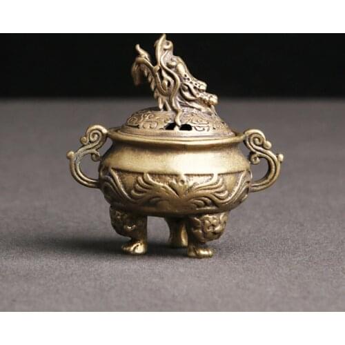 Antique Copper Tripod Incense Burner With Dragon Head Cover Brass Caldron Censer Chinese Pattern Incense Holder Home Desk Decors